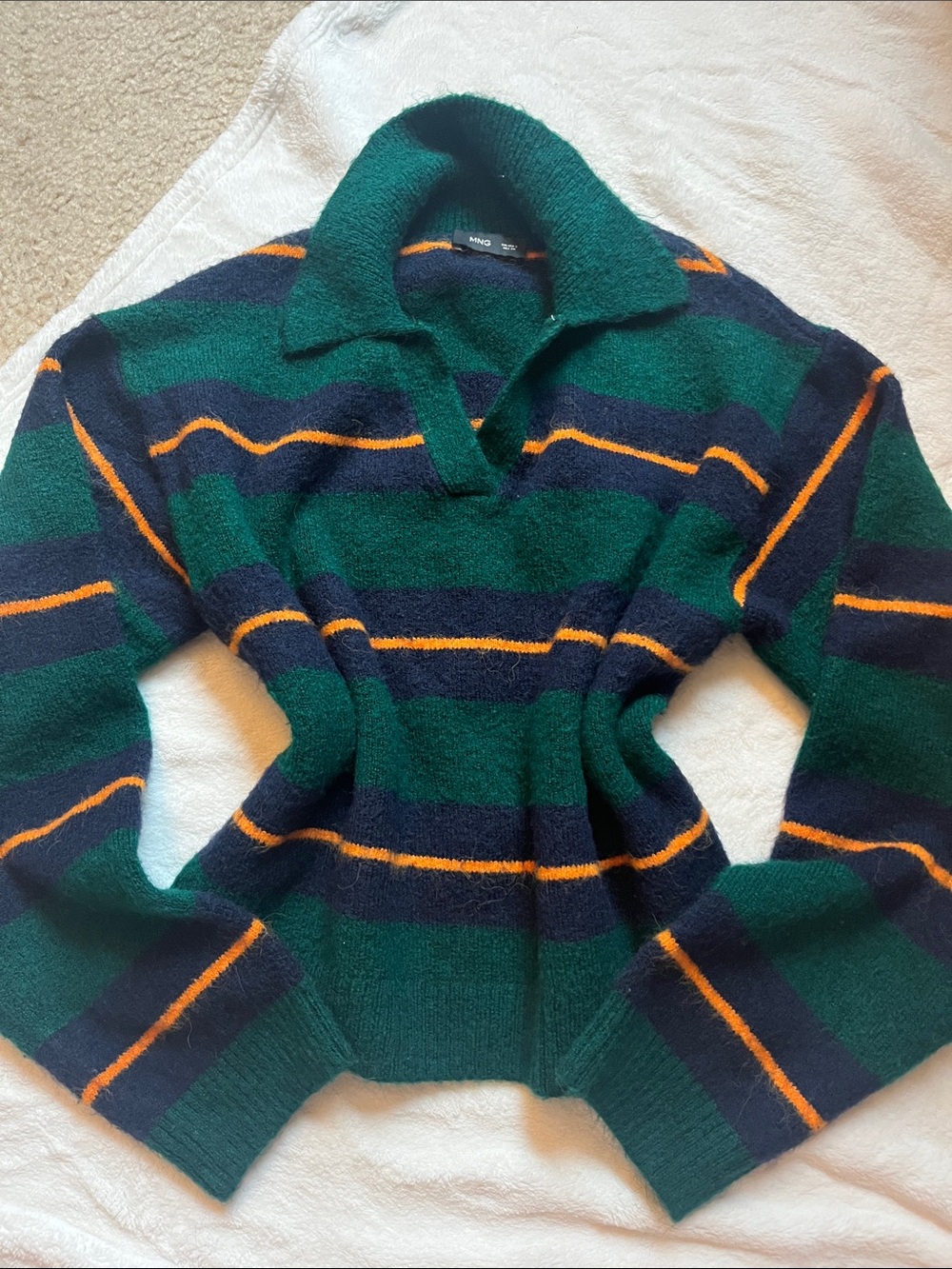 Mango Forest Green Striped Turtleneck Sweater with Orange Accents